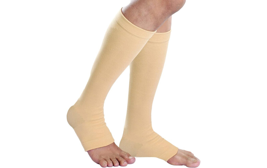 A lady wearing compression stockings