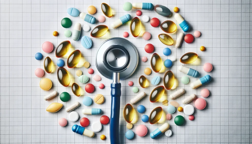 High-definition image of various dietary supplements such as vitamins, minerals, and herbal extracts displayed on a clean, white background with a stethoscope and a medical chart, emphasizing their importance for vein health.