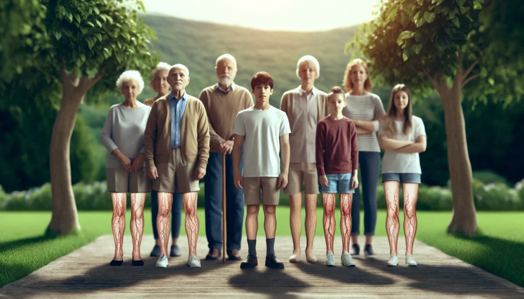 a diverse group of people from multiple generations of a family standing together with just a subtle hint of vein issues visible on their legs