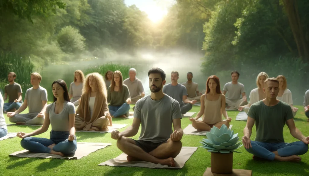 a tranquil meditation class in session
