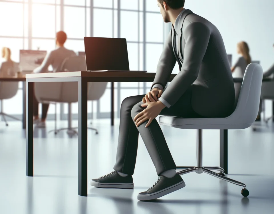 image of a person sitting at a desk with visible discomfort, holding one leg with hands