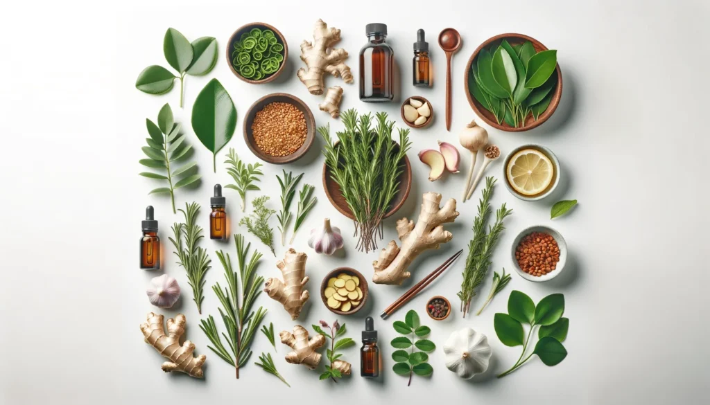 A high-definition image of various herbs and natural remedies displayed on a clean, white background, emphasizing their use for vein health.