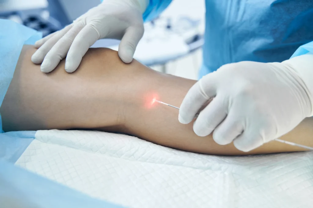 A high-definition image of a clinical setting showing a patient undergoing a laser treatment procedure with the doctor and medical equipment visible.