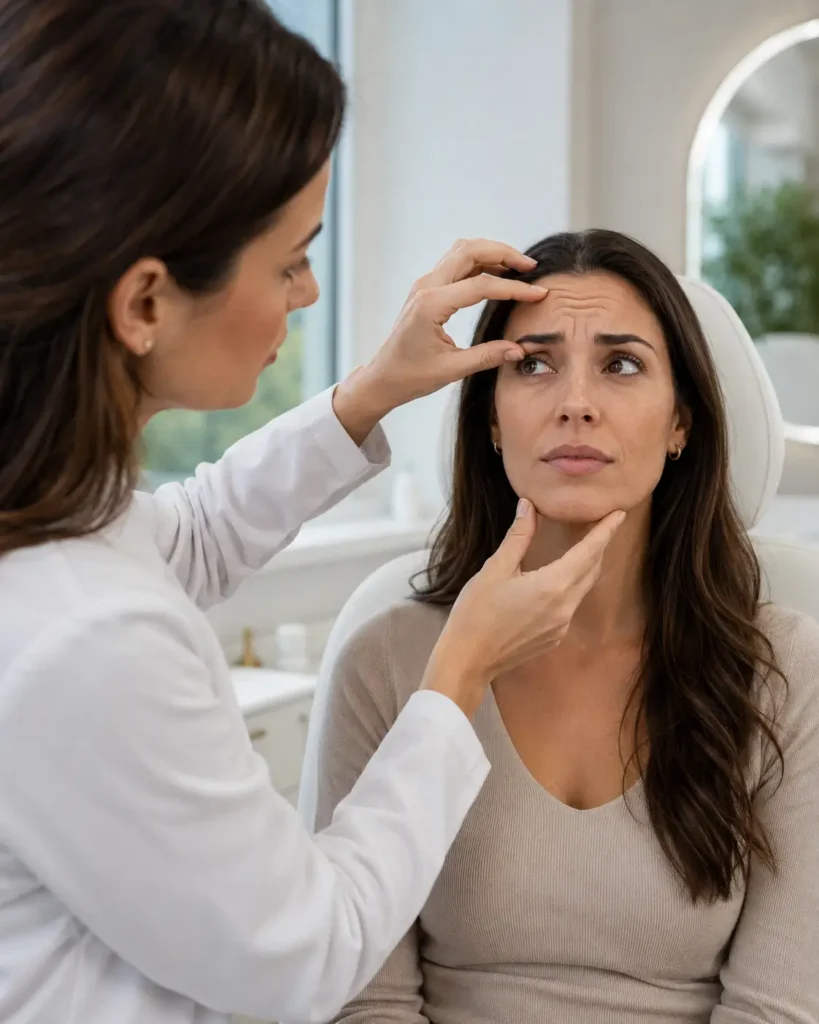 Facial expression assessment for forehead lines and frown lines